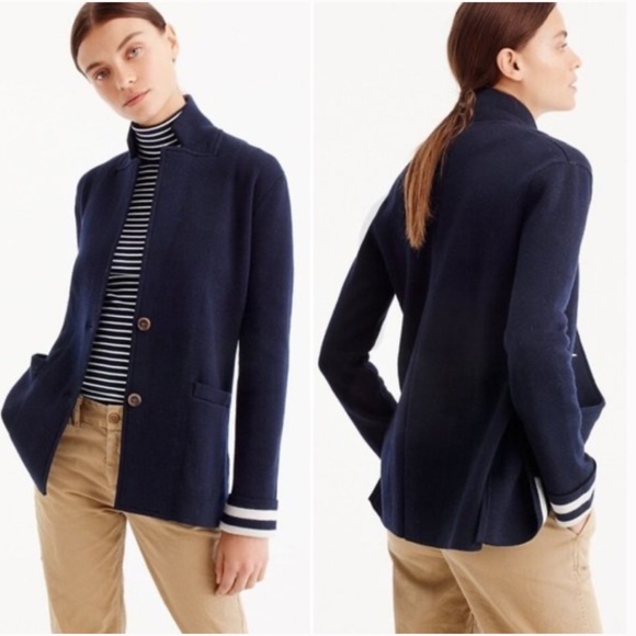 NWT J.Crew MED navy wool blend sweater blazer white striped cuffs and interior - Picture 2 of 4